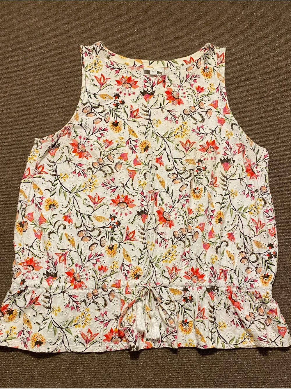 J. Jill Floral Eyelet Peplum Tank Top Tassel Drawstring XL